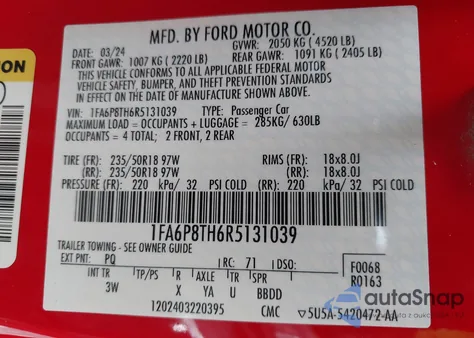 2024 Ford Mustang from USA, damaged, VIN 1FA6P8TH6R5131039
